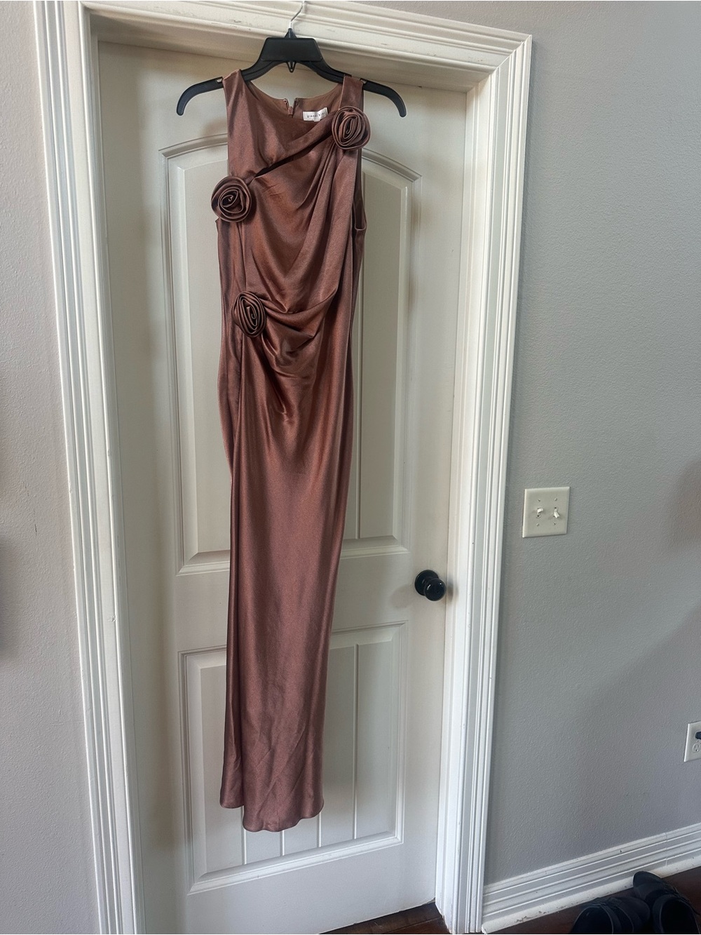 Gianni Bini Rose-Brown Sleeveless Draped Maxi Dress with Rosette Details